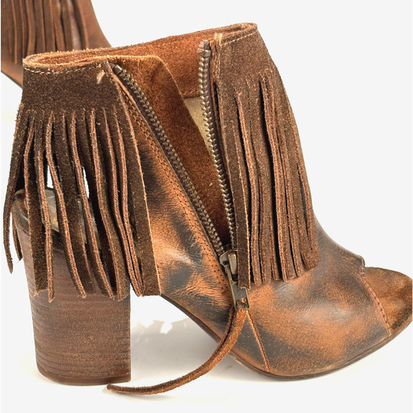 Diba True Cognac Brown Leather Booties Pep Toe Fringe Boots Boho Shoes Sz 7 - Picture 7 of 12